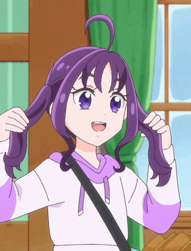 a girl with purple hair is wearing a white shirt and a purple hoodie