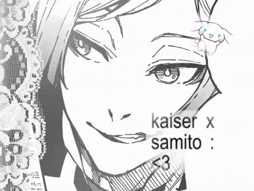 a black and white drawing of a woman with the words kaiser x samito written below her
