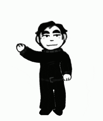 a black and white drawing of a man in a black sweater waving his hand .