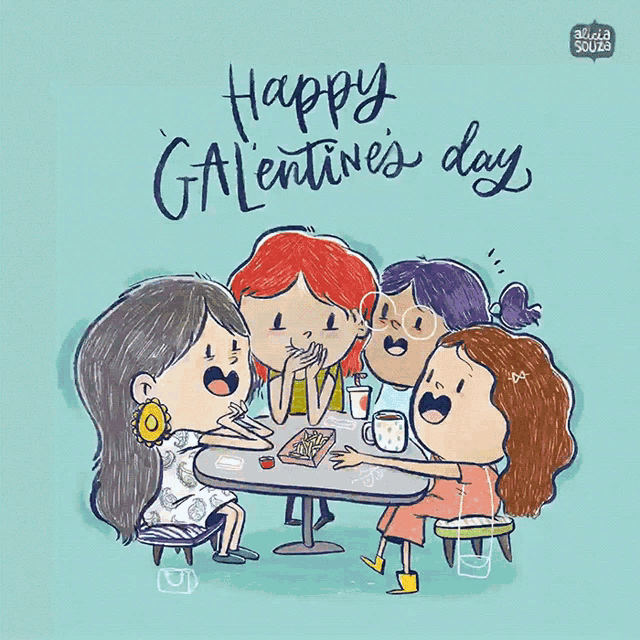 a cartoon of four girls sitting at a table with the words happy valentine 's day on the bottom