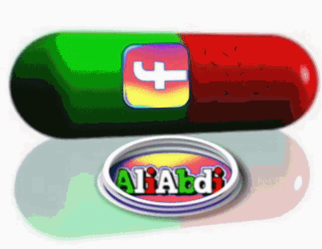 a green and red pill with a white cross on it and the word aladdin