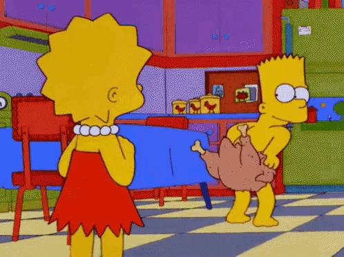 bart simpson is holding a chicken on his back while lisa simpson looks on