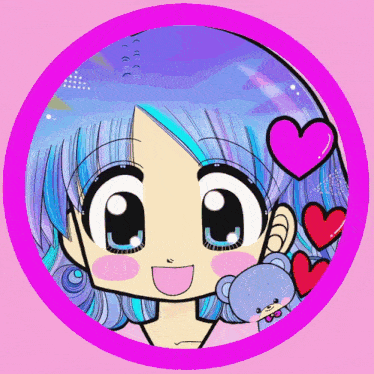 a cartoon drawing of a girl with blue hair and hearts around her