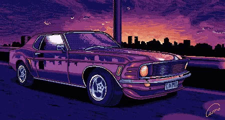 a pixel art drawing of a purple car with a license plate that says camo