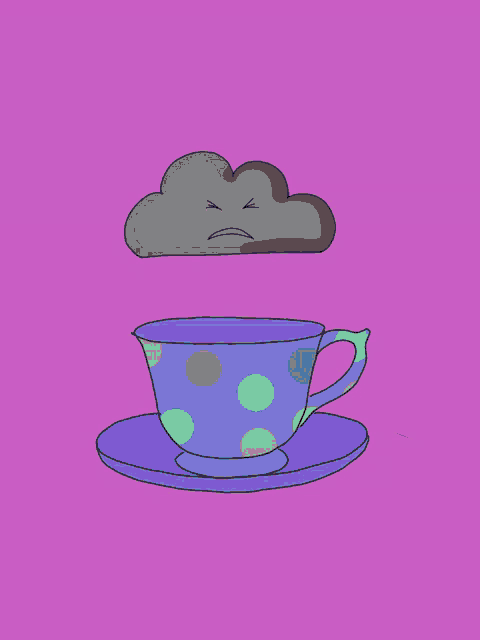 a drawing of a cup with a cloud and lightning bolt