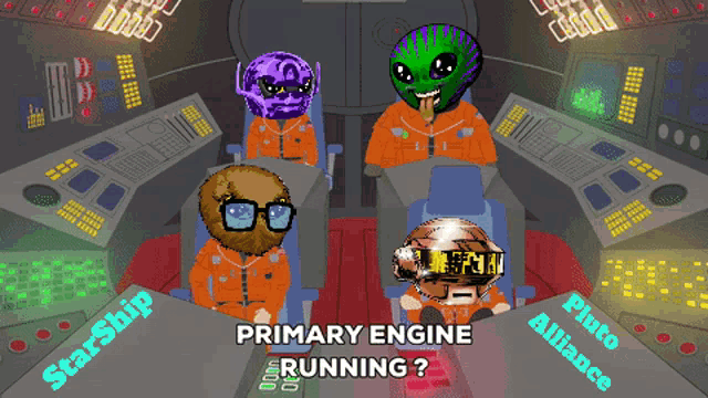 a cartoon of a spaceship with the words primary engine running on the bottom