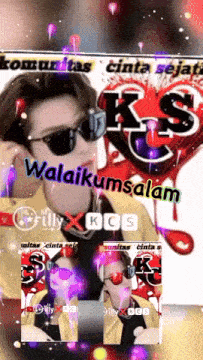 a picture of a man wearing sunglasses and headphones with a heart in the background and the words ks written on it