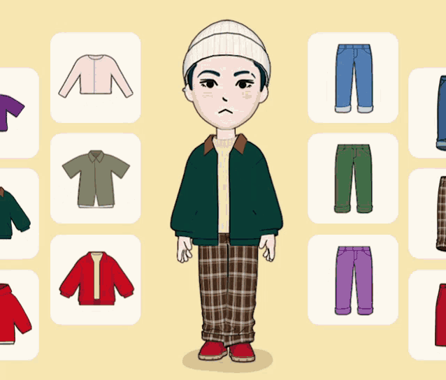 a cartoon drawing of a boy surrounded by clothes with the letter m on them