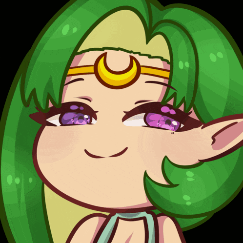a cartoon drawing of a girl with green hair and a crescent moon on her head