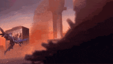 a video game scene with a dragon flying in front of a building