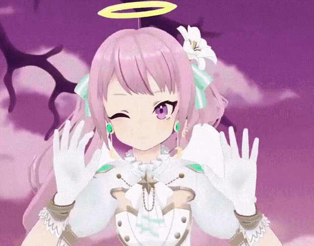 a girl with pink hair and white gloves has a flower in her hair