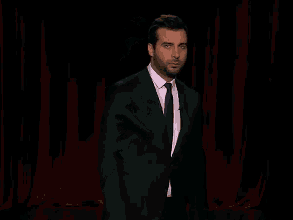 a man in a suit and tie standing in front of a red curtain