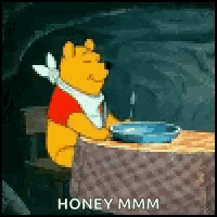 a cartoon of winnie the pooh sitting at a table with a bowl of honey