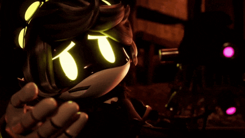 a cartoon character with glowing eyes and a robotic arm