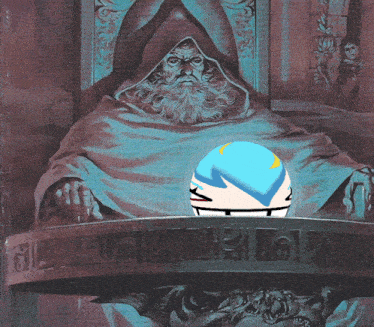 a painting of a man with a beard and a hooded cloak has a blue ball in his hand