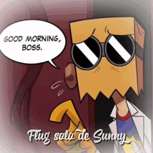 a cartoon character with sunglasses and a paper bag on his face says good morning boss flug sala de sunny