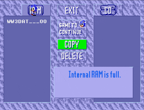 a screenshot of a sonic the hedgehog game that says copy delete and exit