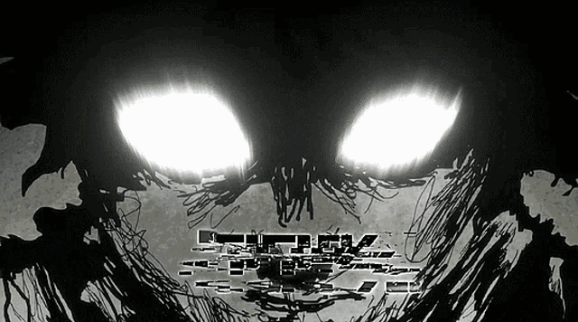 a black and white drawing of a monster 's face with glowing eyes and the letters n and l visible