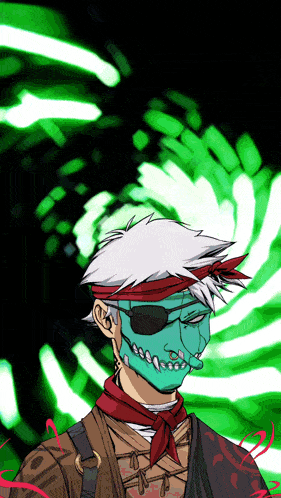 a drawing of a man with a green mask on
