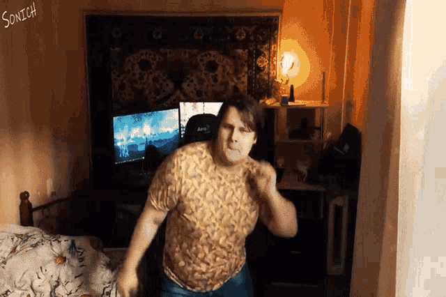 a man is dancing in a room with sonich written on the corner
