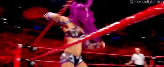 a woman in a purple outfit is wrestling in a ring with a referee .