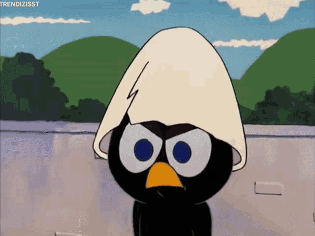a cartoon of a black bird with a white hood and the words trendizisst below it