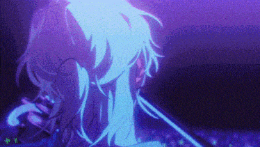 a purple background with a person holding a sword in their hand .