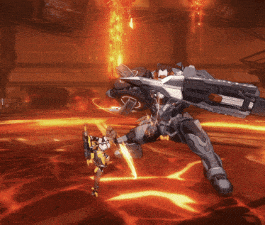 a video game character is fighting a robot with a gun