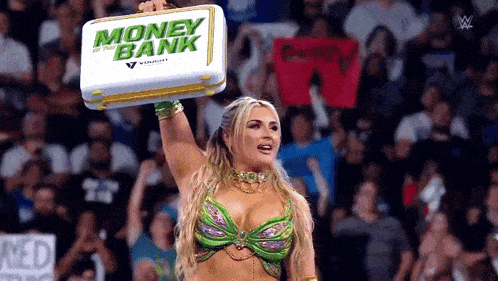 a woman is holding a briefcase that says money bank on it