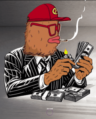 a cartoon of a man in a suit smoking a cigarette while holding a stack of money