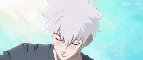 a man with white hair is covering his face with his hands .