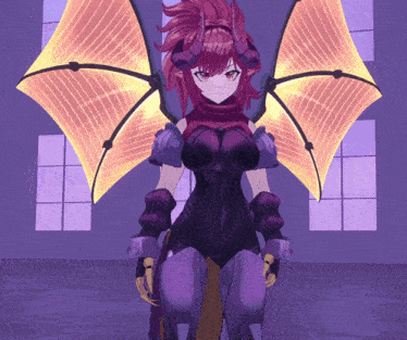 a purple and orange animated character with wings and horns