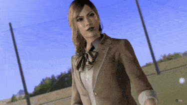 a woman in a brown jacket and white shirt is standing in a field