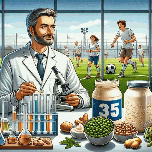 an illustration of a scientist looking through a microscope with the number 35 on a jar