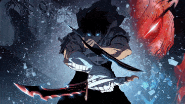 a man with blue eyes is holding a sword in front of a red monster