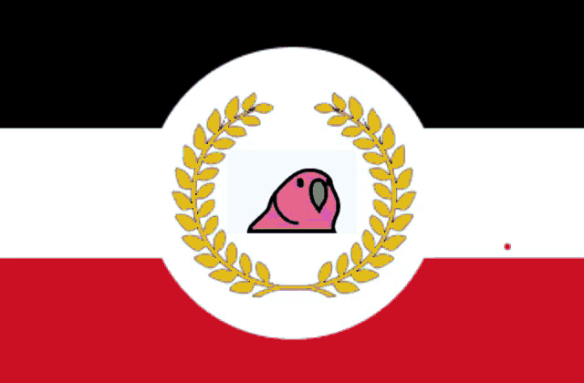 a red white and black flag with a pink parrot in the middle