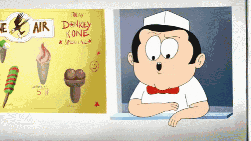a cartoon character is standing in front of a sign that says " donkey kone special "