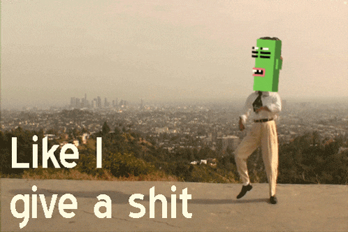 a picture of a man with a green head and the words like i give a shit behind him