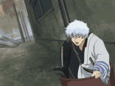 a cartoon character is sitting in a bucket with a sword .