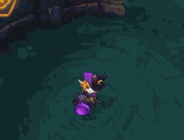 a cartoon character wearing a purple hat is standing in a dark circle