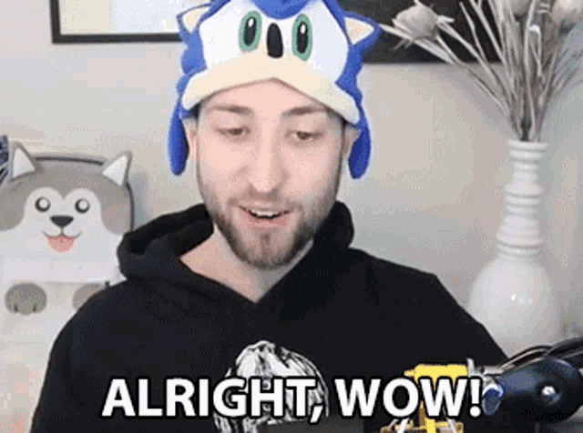a man wearing a sonic hat says alright wow