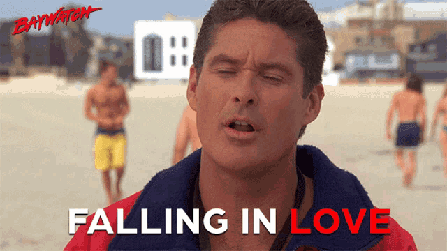 a picture of a man on the beach with the words falling in love on the bottom