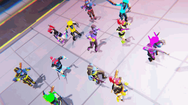 a bunch of colorful characters are playing a game