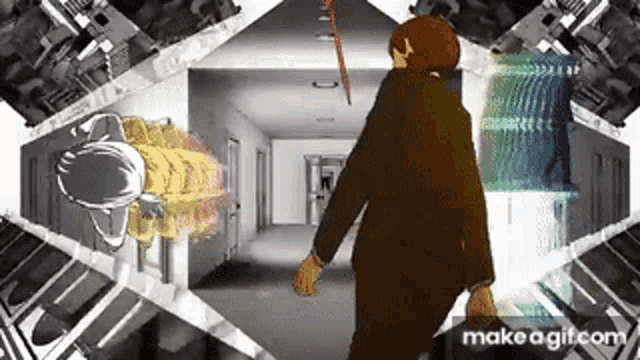 a man in a suit is walking down a hallway surrounded by a collage of pictures .
