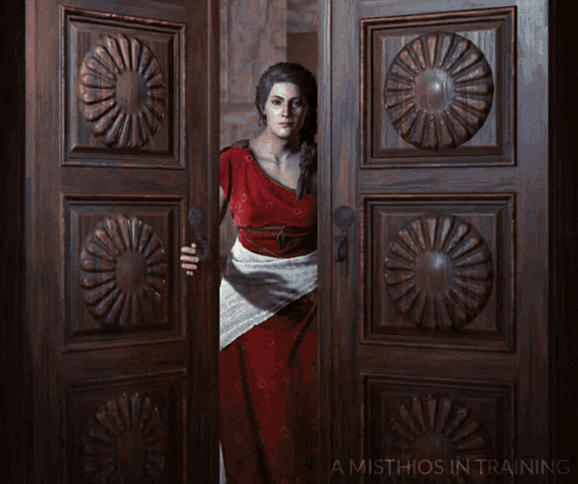 a woman in a red dress is standing in a doorway with the words a misthios in training on the bottom right