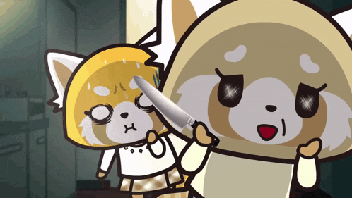 a cartoon character is holding a knife to its face