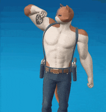 a man with a cat 's head is wearing suspenders and a belt with the letter i on it