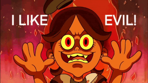 a cartoon character says i like evil with a fire background