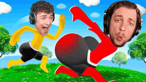 a man wearing headphones is running next to a cartoon character