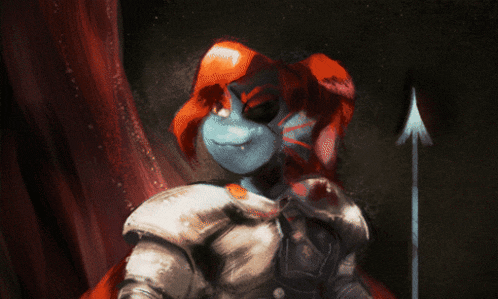 a drawing of a knight with red hair and blue eyes